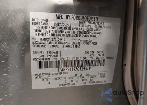 2007 Ford Five Hundred Sel из США, поврежденный, VIN 1FAHP24197G129519